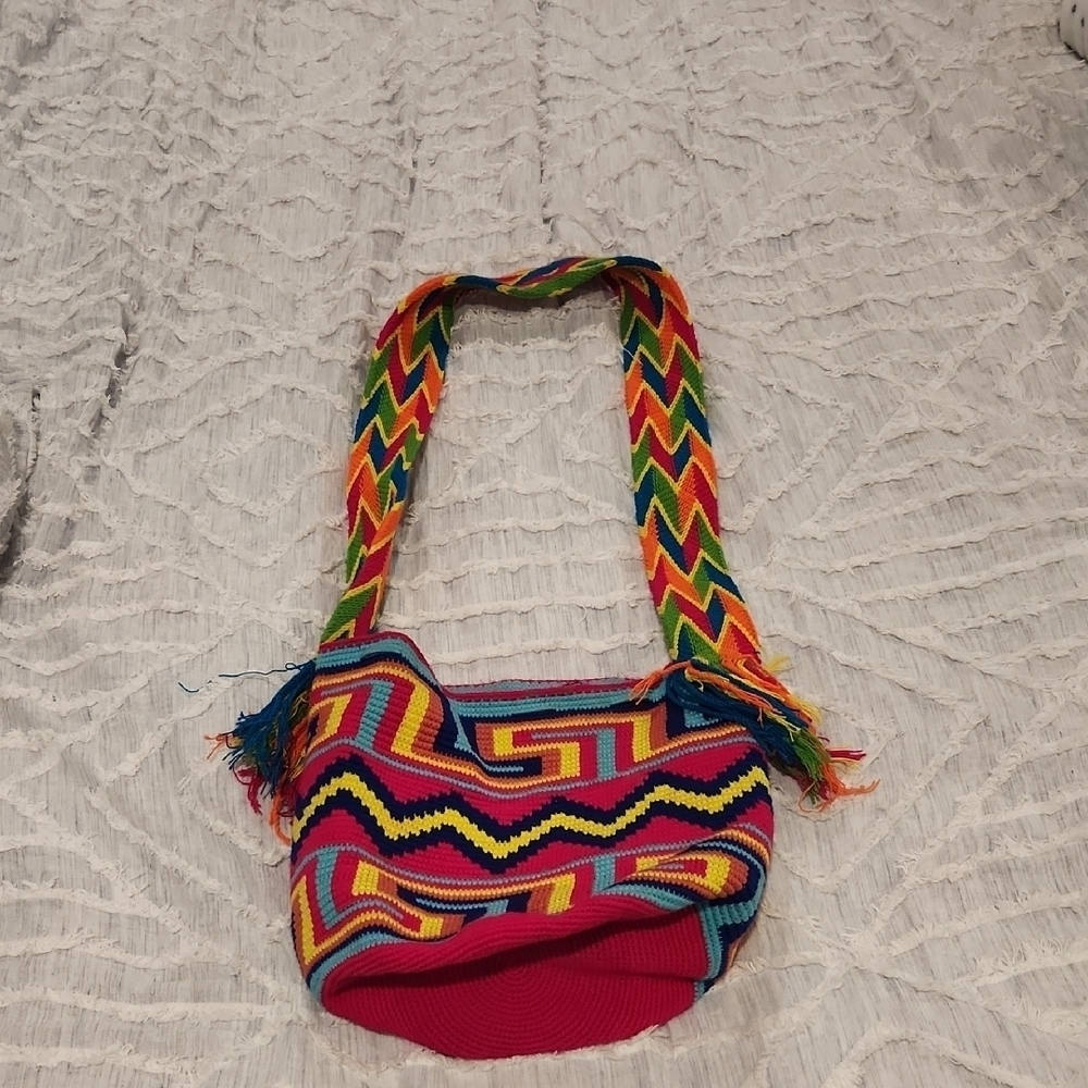 Pink and Blue Multi Color Geometric Shoulder Bag